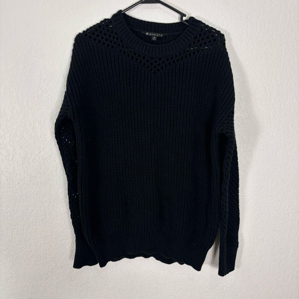 Athleta Black Open Knit Sleeve‎ Cotton Pullover Sweater Size XS